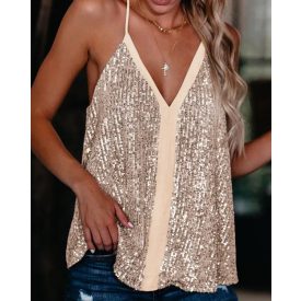Halter Backless Contrast Binding Sequins Top