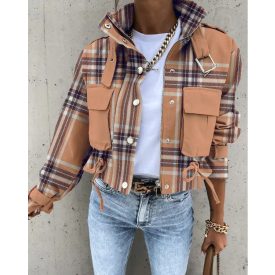 Plaid Print Pocket Design Biker Jacket