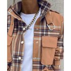 Plaid Print Pocket Design Biker Jacket