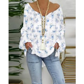   Floral Print Tassel Design Lantern Sleeve Shirred Blouse Casual Top