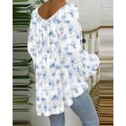 Floral Print Tassel Design Lantern Sleeve Shirred Blouse Casual Top