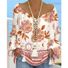  Tribal Print Tassel Design Lantern Sleeve Shirred Blouse Casual Top
