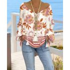 Tribal Print Tassel Design Lantern Sleeve Shirred Blouse Casual Top